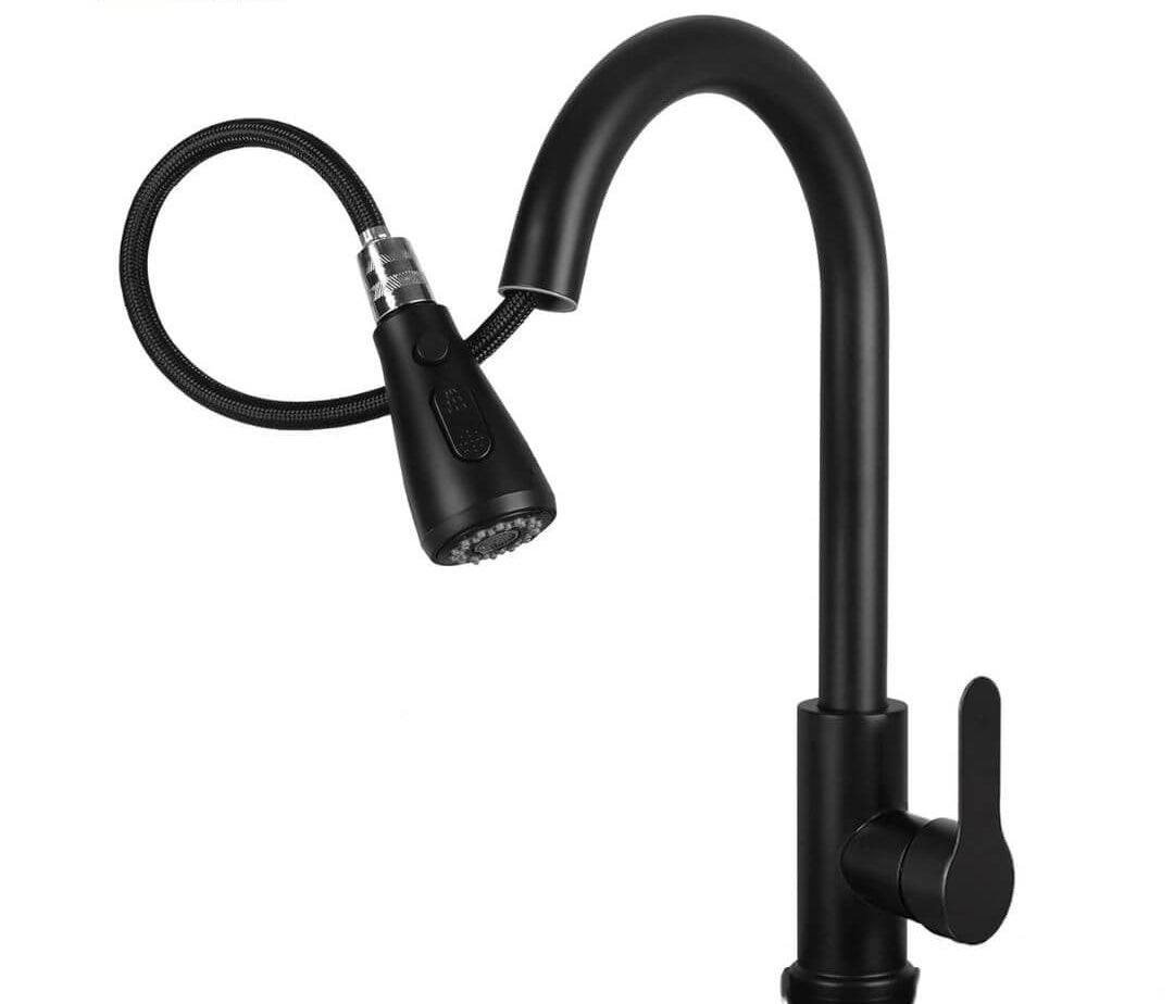 Black kitchen faucet with flexible hose on a white background, featuring the AquaFit brand.